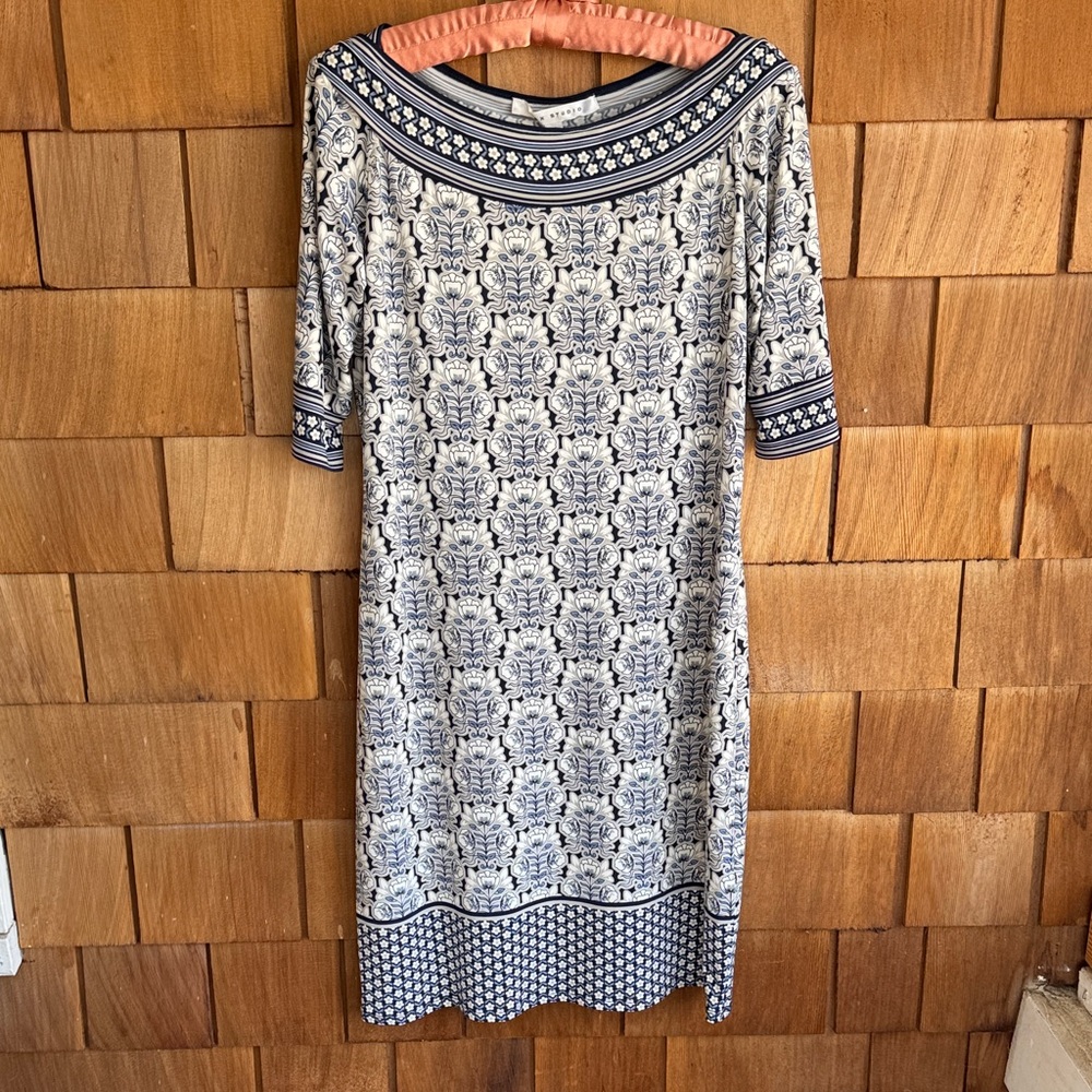Max Studio Navy and White Printed Midi Dress